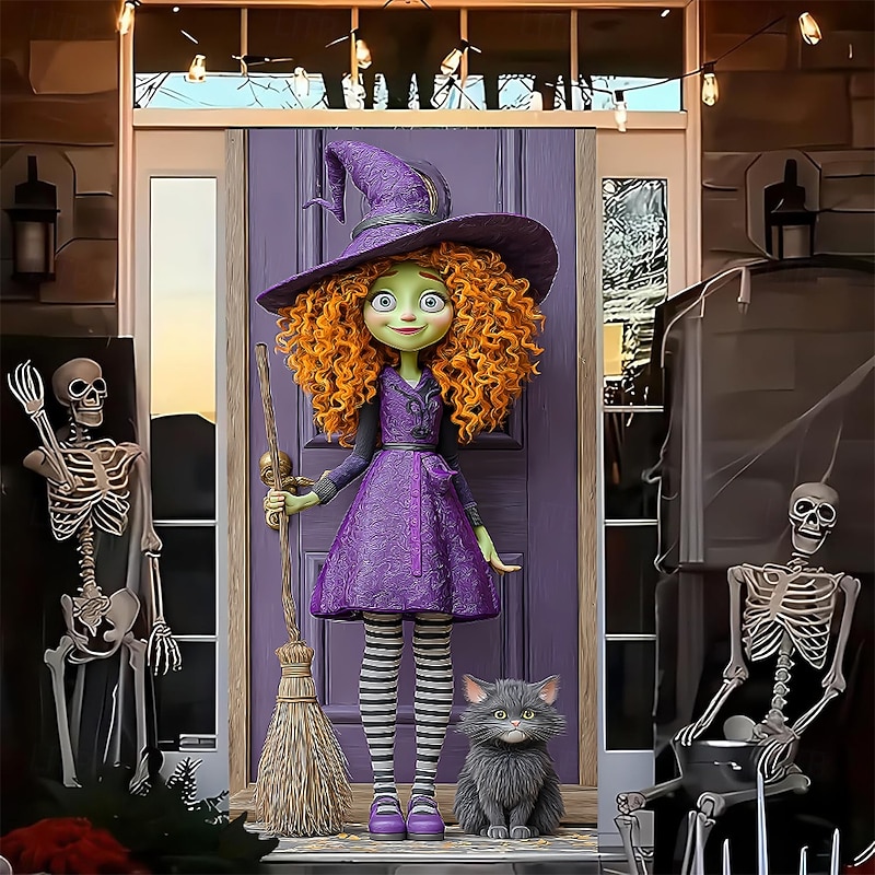 Halloween Door Cover Outdoor Banners Witch Cat 3D Psychedelic Dark Punk Gothic Style Party Outdoor Shooting Backgrounds Front Door Wall Porch Home Decor3