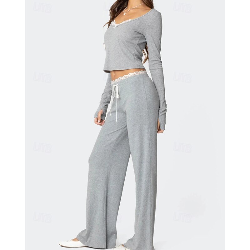 Women's Active Fashion Blouse Pants Sets Long Sleeve V Neck Color Block Lace Patchwork Outdoor Going out Black Pink Light Grey Fall Regular Fit2