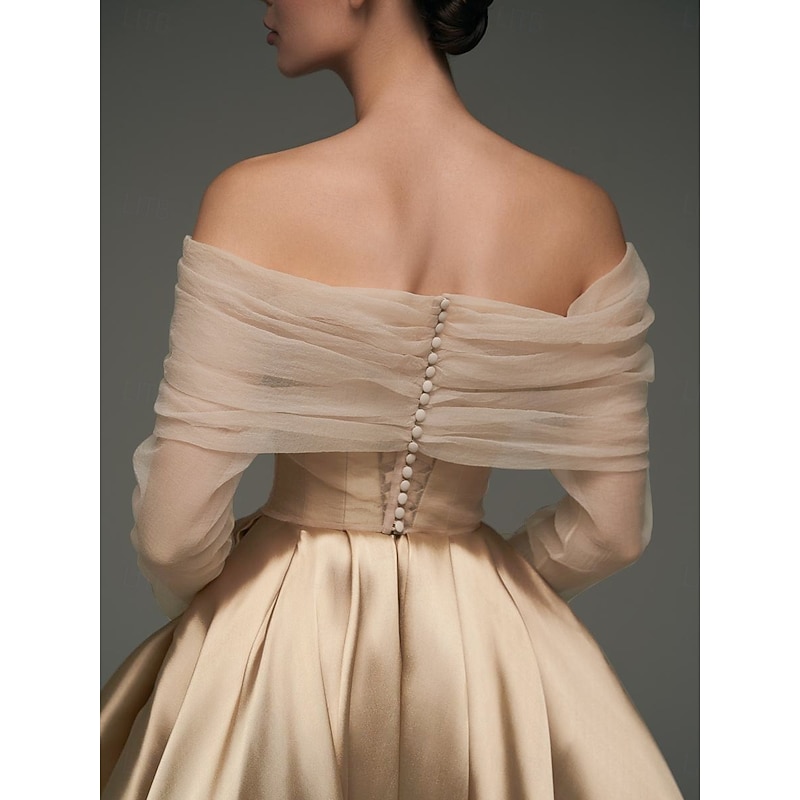 Ball Gown Satin A-Line Cocktail Elegant Dresses with bustle Formal Wedding Ankle Length Long Sleeve Off Shoulder Detachable with Shawl2