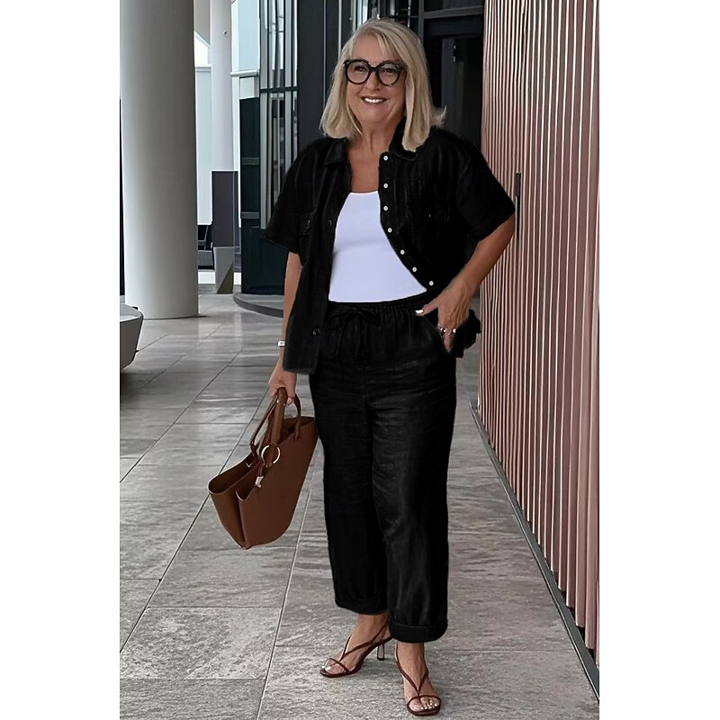 Women's EU / US Size Pants Sets Short Sleeve Black White Gray Fall3