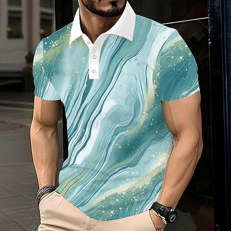 Men's Abstract Geometic Polo Short Sleeve Polo Shirts Lapel Casual Athleisure Daily Wear 3D Print Buttons Summer Lake blue Purple Dark Gray2