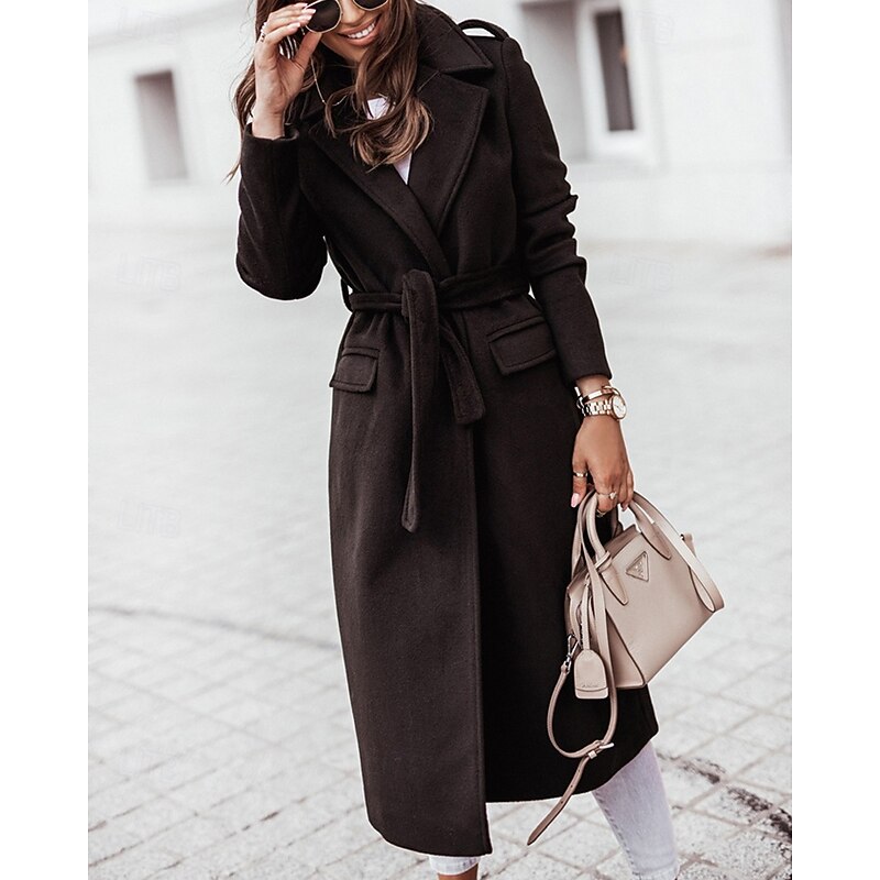 Women's Coat Trench Coat Warm Comfortable Pocket Fashion Modern Casual Plain Going out Weekend Single Breasted Long Turndown Regular Fit Long Sleeve Outerwear Black White Khaki Winter2