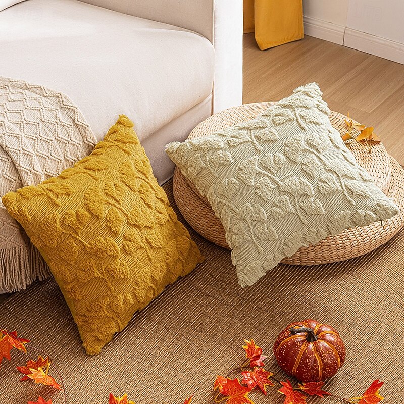 Halloween Autumn Maple Leaf Plush Pillow Cover 3D Embroidered Fall Leaf Decorative Throw Pillowcase for Sofa, Couch, Living Room, Seasonal Home Decor4