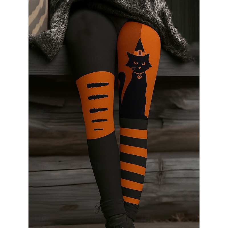Women's Leggings Vacation Vintage Fashion Full Length High WaistPantsHalloween Graphic Pumpkin Striped Printing Thermal Warm Soft Breathable Stretchy Formal Outdoor Vacation Black Orange Green Summer2