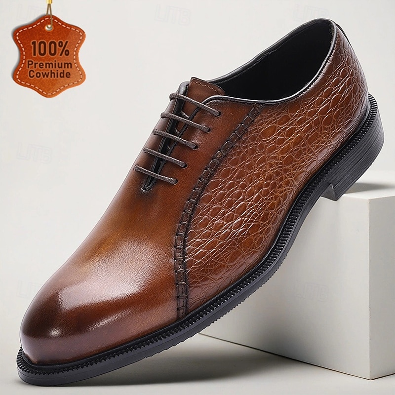 Men's Brown Leather Oxford Dress Shoes – Classic Lace-Up Formal Business Shoes for Office, Wedding and Evening Events