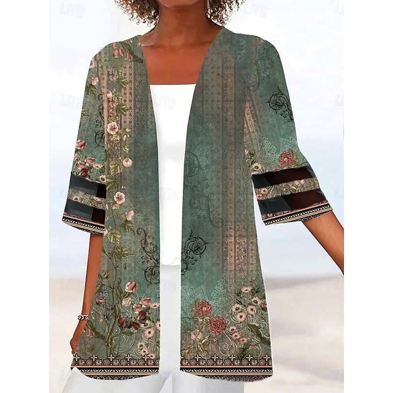 Women's Casual Jacket Breathable Comfortable Patchwork Print Casual Floral Vacation Street Daily Wear Going out Open Front Regular Collarless Regular Fit 3/4 Length Sleeve Outerwear Black Green Dark4