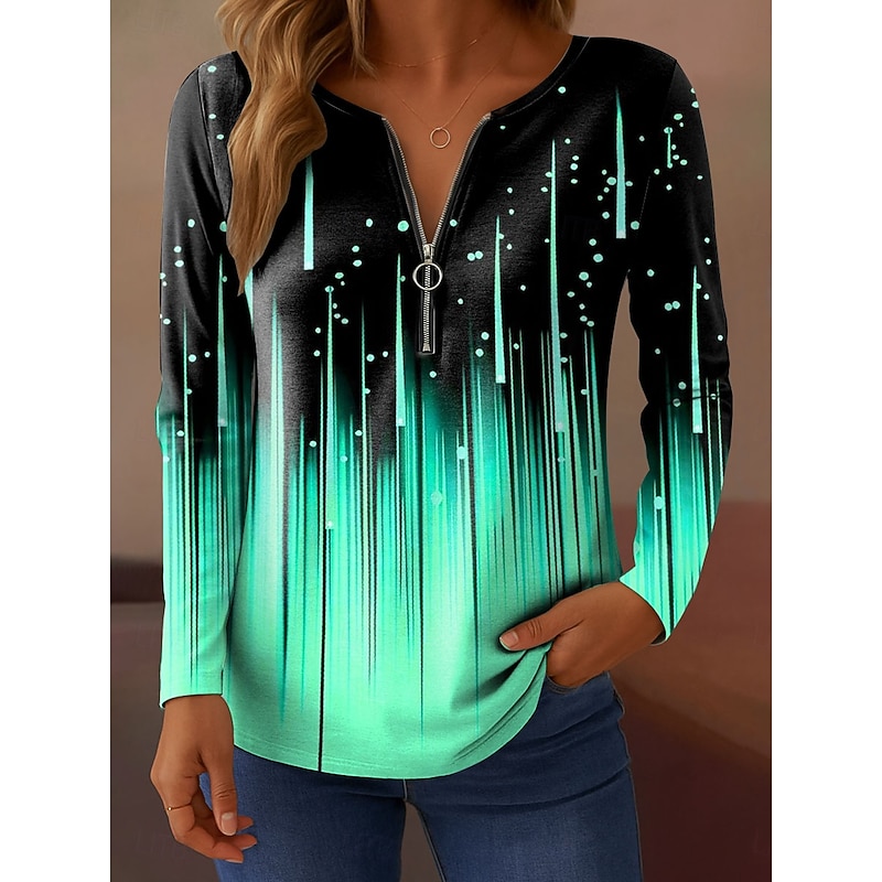 Women's T Shirt Ombre Graphic Abstract Elegant Vintage Fashion Long Sleeve V Neck Regular Tops Daily Weekend Zipper Print White Pink Blue Purple Green Spring Fall3
