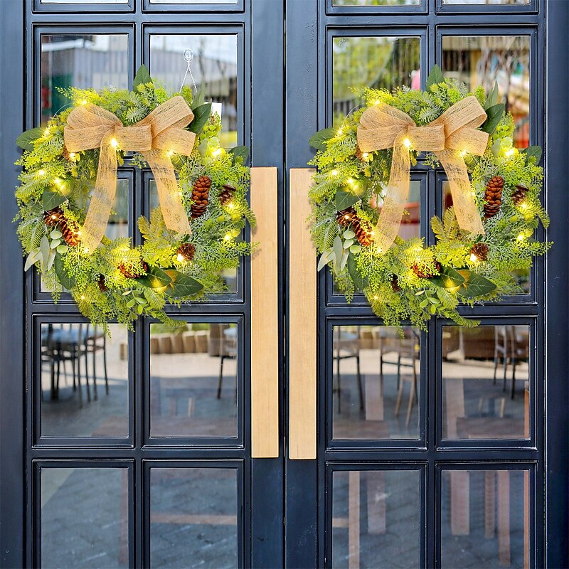 Christmas Wreath for Front Door Xmas Indoor Outdoor Decoration with Burlap Bow Lighted Pine Cone Rattan Garland for Window Shop Mall Holiday Party Display2