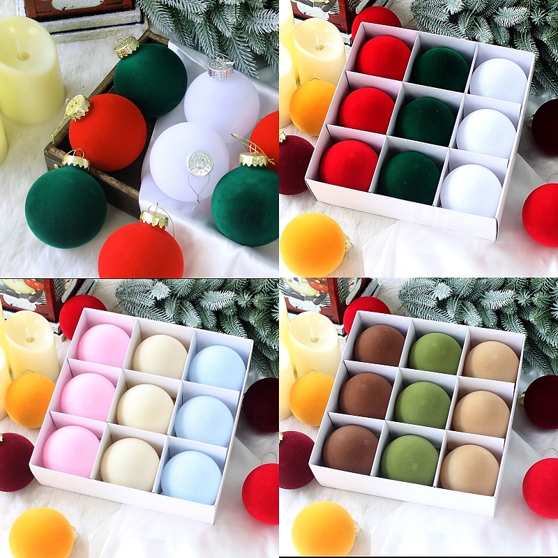 9 Pcs Christmas Tree Balls Baubles Ornaments 8cm Xmas Decorations PET Round Flannel Balls Gift Box Set For Holiday Party Scene Layout Christmas Tree Hanging Decoration Accessories