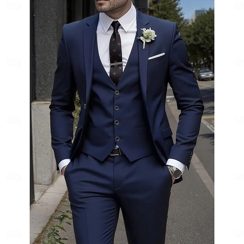 Men's Wedding Business Party Suits Notch Lapel Black Burgundy Formal Solid Colored Slim Fit 3 Piece Single Breasted One-button