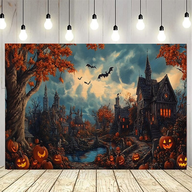 Halloween Backdrop Tapestry Haunted House with Pumpkins and Bats – Spooky Gothic Wall Hanging Decoration for Party, Bedroom, Living Room, Office – 2025 Halloween Large Polyester Fabric Wall Art, Room Aesthetic Decor4