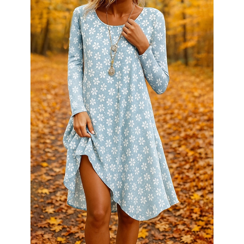 Women's Mini Dress Crew Neck Long Sleeve Casual Dress T Shirt Dress Tee Dress A Line Dress Casual Regular Fit Floral Graphic Blue Purple Green Khaki Fall Winter