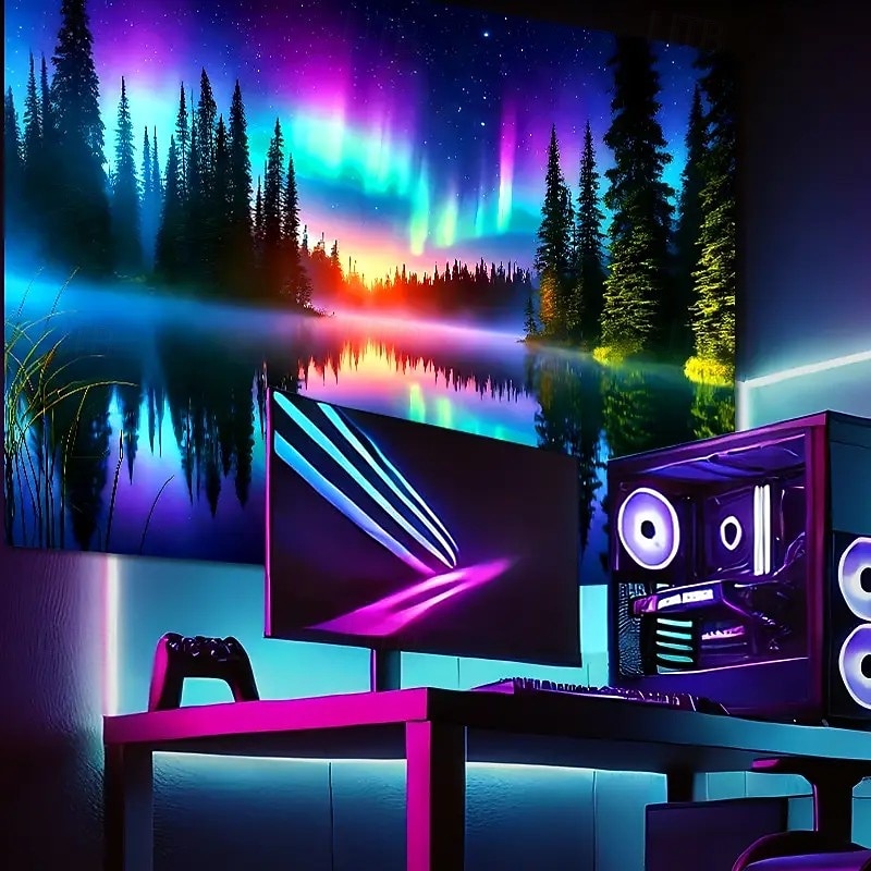 Aurora Halo and Lake Reflection backdrop Wall Tapestry 3D Wall Art for a Serene, Modern Atmosphere, Perfect for Living Room, Office, or Meditation Space4