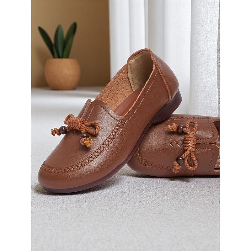 Women's Brown Loafers with Rope Knot Detail – Soft Faux Leather Moccasins for Driving, Casual Workdays and Weekend Comfort2