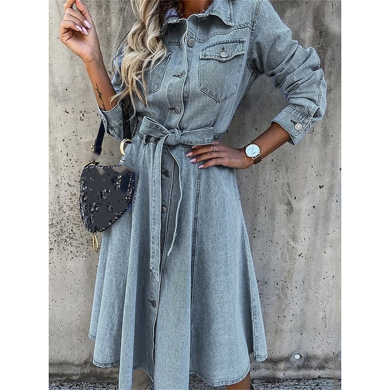 Women's Denim Dress Shirt Dress Midi Dress Date Vacation Denim Basic Modern Shirt Collar Button Pocket Long Sleeve Summer Spring Regular Fit Plain