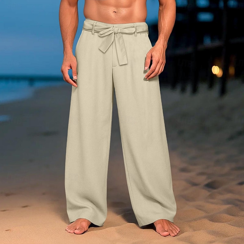 Men's Linen Pants Trousers Summer Pants Baggy Pants Elastic Waist Straight Leg Plain Comfort Breathable Full Length Outdoor Daily Beach Vacation Fashion Black White Inelastic2