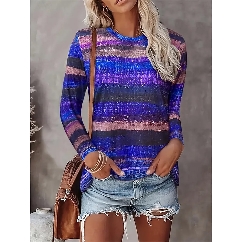 Women's T Shirt Graphic Geometric Vintage Fashion Stylish Long Sleeve Crew Neck Round Neck Regular Tops Daily Weekend Print Red Blue Brown Summer Spring Fall4