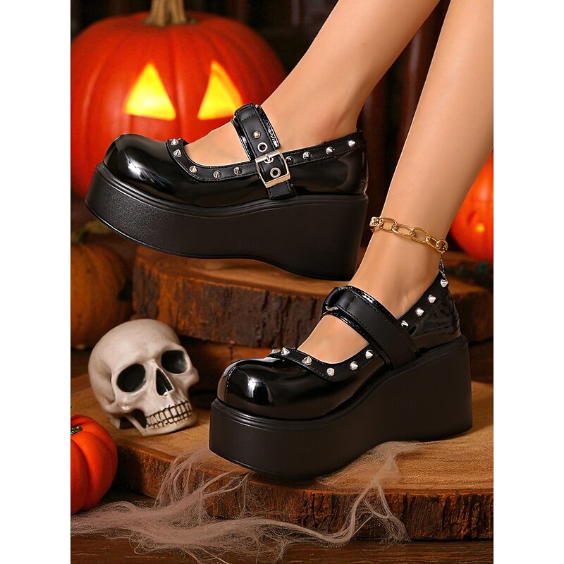Women's Black Platform Mary Jane Shoes with Studded Straps – Gothic Punk Chunky Heels for Halloween, Cosplay and Alternative Fashion Outfits4