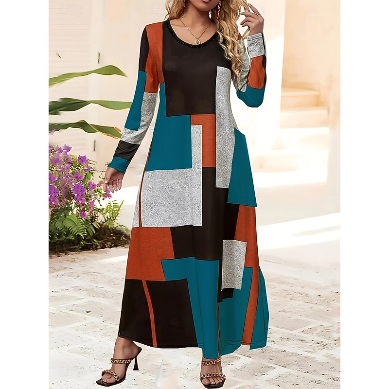 Women's Maxi Dress A Line Dress Summer Dress Vacation Casual Daily Regular Fit Graphic Geometric Abstract Long Sleeve Crew Neck Yellow Blue Spring Fall Winter