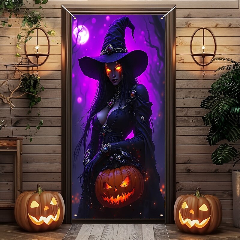 Halloween Door Cover Outdoor Banners Witch 3D Dark Punk Gothic Style Party Outdoor Shooting Backgrounds Front Door Wall Porch Home Decor3