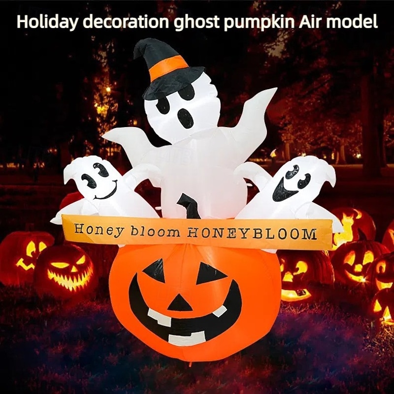 1 Pc1.5M * 1.3M Halloween 3 Head Ghost Pumpkin LED Inflatable Air Model Indoor/Outdoor Courtyard Garden Lawn Party Halloween Festival Atmosphere Light EU/US/AU/UK Plug2