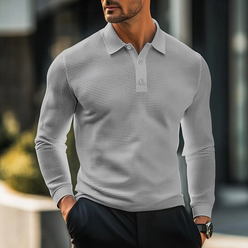Men's Waffle Polo Shirts Golf Shirt Street Casual Lapel Long Sleeve Basic Modern Plain Textured Buttons Spring Fall All Seasons Regular Fit White Black Yellow Light Blue Burgundy Gray Waffle Polo4