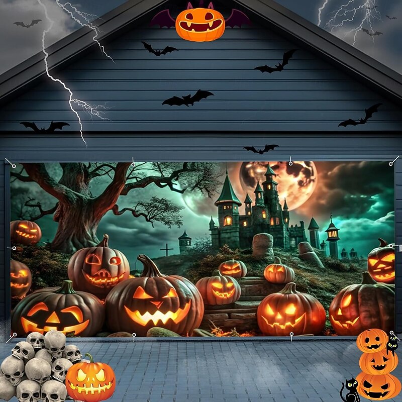 Halloween Garage Door Cover Large Hanging Backdrop Pumpkin Dark Punk Gothic Style Party Outdoor Shooting Backgrounds Yard Haunted House Home Decor