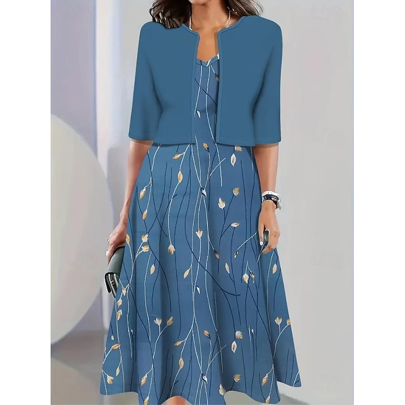 Women's Dress Set A Line Dress Casual Semi Formal Floral Graphic Print Midi Dress Half Sleeve Crew Neck Vacation Date White Blue Green Summer Spring Regular Fit