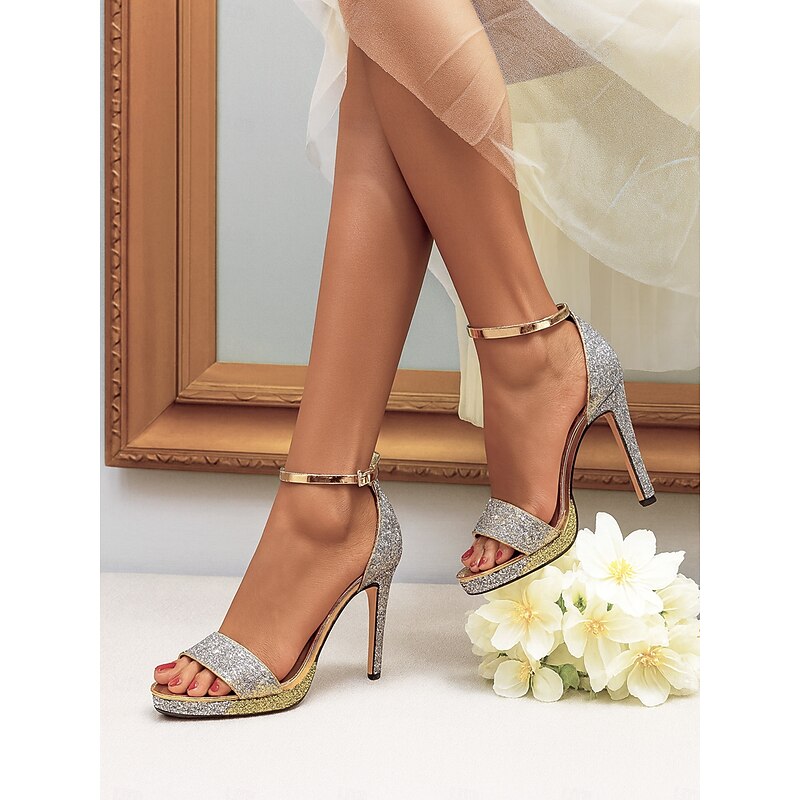 Women's Silver Glitter High Heel Sandals with Ankle Strap, Sparkly Nightlife Party Shoes for Club and Evening Outfits3