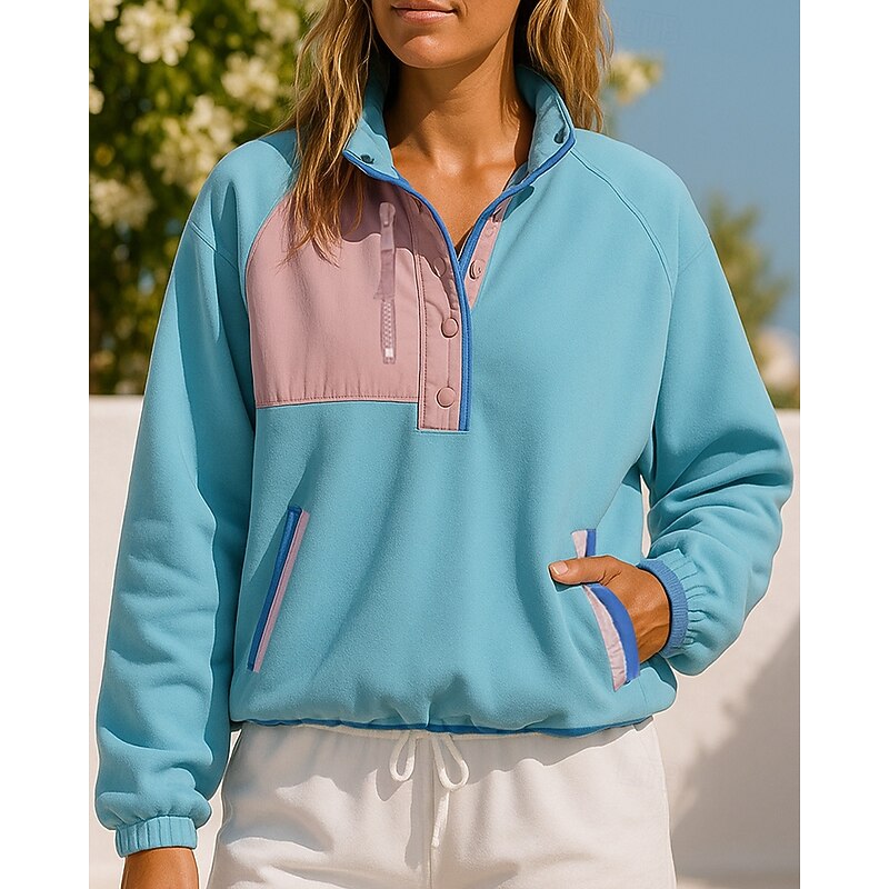 Women's Casual Pullover Tops Polar Fleece Sweatshirt with Pockets Long Sleeve Top Athleisure Patchwork Fashion Warm Outdoor Travel Sports Sportswear Activewear Black White Pink