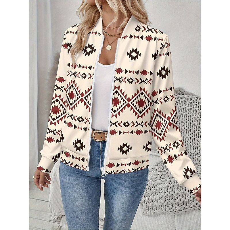 Women's Jacket Comfortable Print Outdoor Casual Boho Vintage Geometric Vacation Home Casual Daily Wear Short Baseball Collar Regular Fit Long Sleeve Outerwear Black And White Light Yellow Leopard2