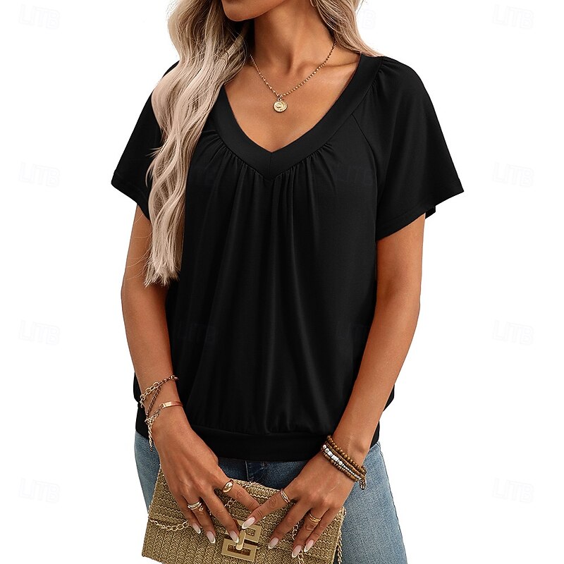 Women's Blouse Solid Color Elegant Daily Ladies Short Sleeve V Neck Regular Tops Work Daily Holiday Ruched Lake Green Black White Pink Navy Blue Summer Spring Fall3