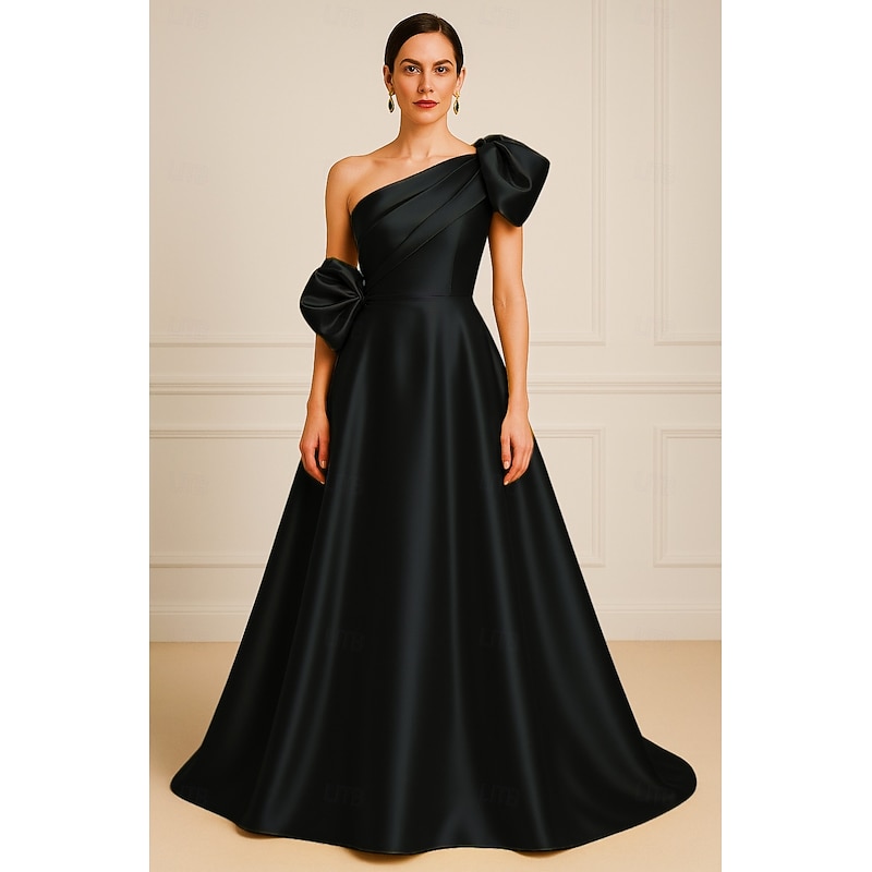 A-Line Evening Gown Elegant Dress Formal Wedding Floor Length Sleeveless One Shoulder Pocket Satin with Pleats Shouder Flower3