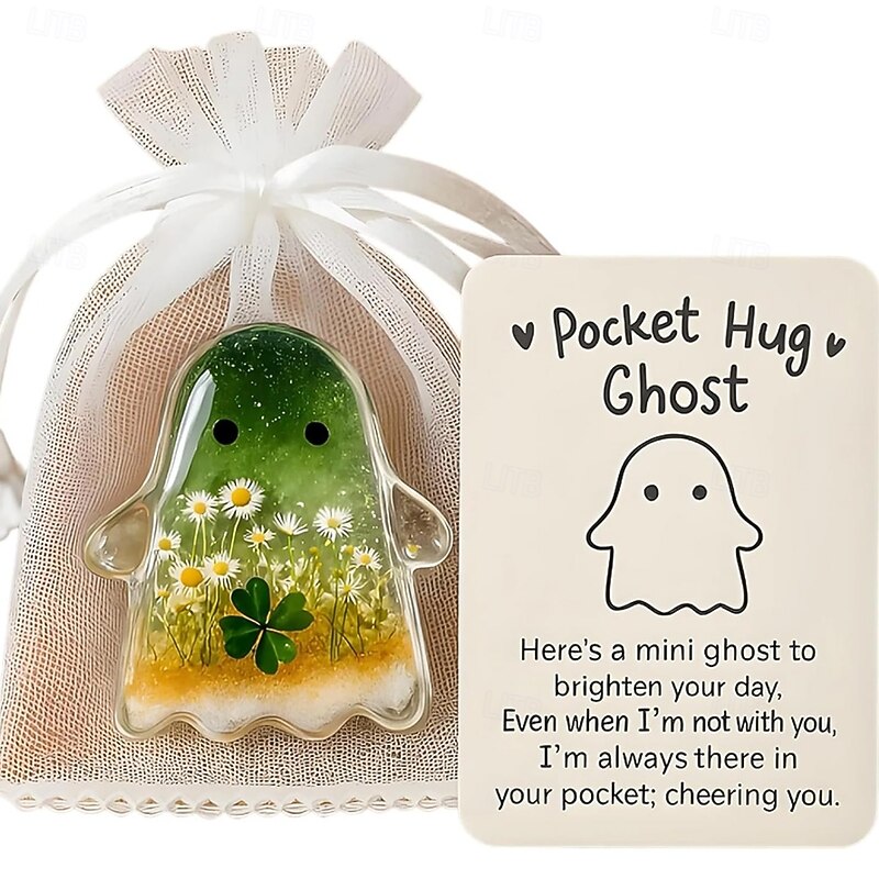 Halloween Pocket Hug Ghost with Encouragement Card Cute Mini Charm Inspirational Gift for Friends Hand Carved Gemstone Ghost Statue Sculpture for Home Desk Decor4
