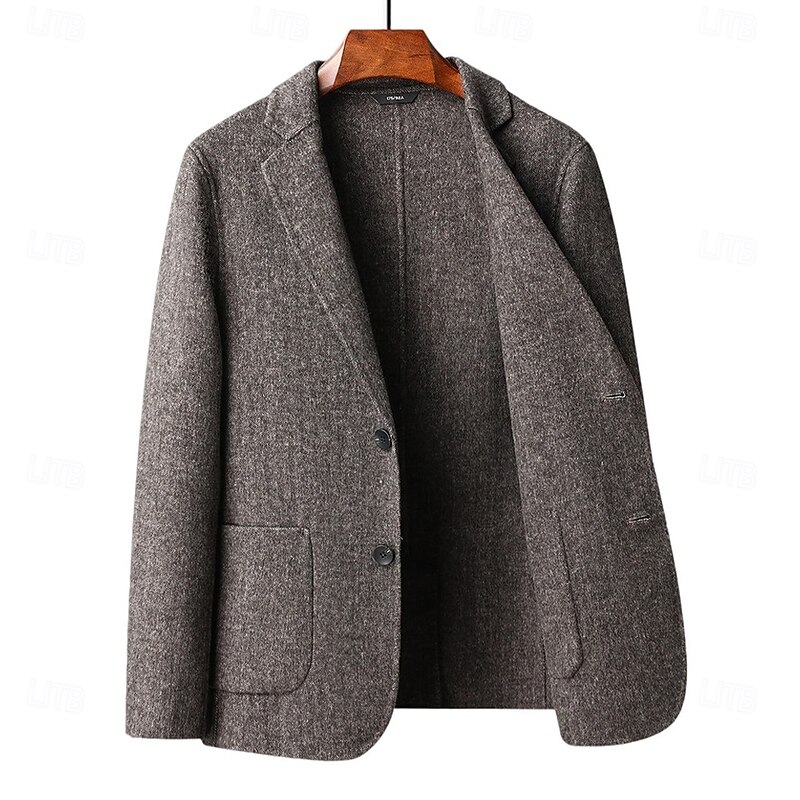 Men's Wool Blend Blazer Jacket School Formal Vacation Elegant Classic Spring Fall Wool Polyester Solid Color Herringbone Thermal Warm Single Breasted Two-button Blazer Coffee Gray2