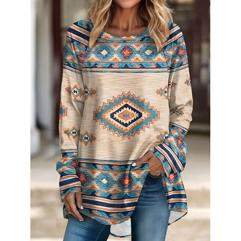Women's T Shirt Graphic Tribal Vintage Stylish Casual Long Sleeve Crew Neck Long Tops Daily Going out Weekend Print Blue Brown off-white Spring Fall