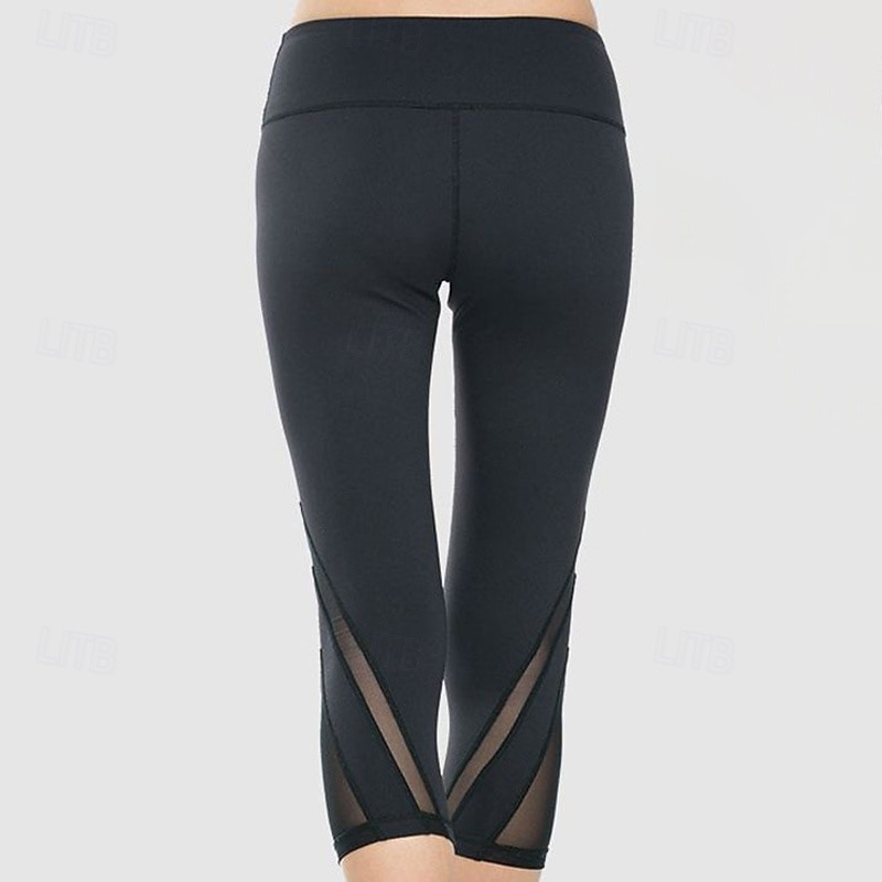 Women's Workout Bottons Sports Cropped Leggings Mesh Tummy Control High Waist Athletic Pilates Running Bottoms Solid Color Black White Fall Sports Activewear4