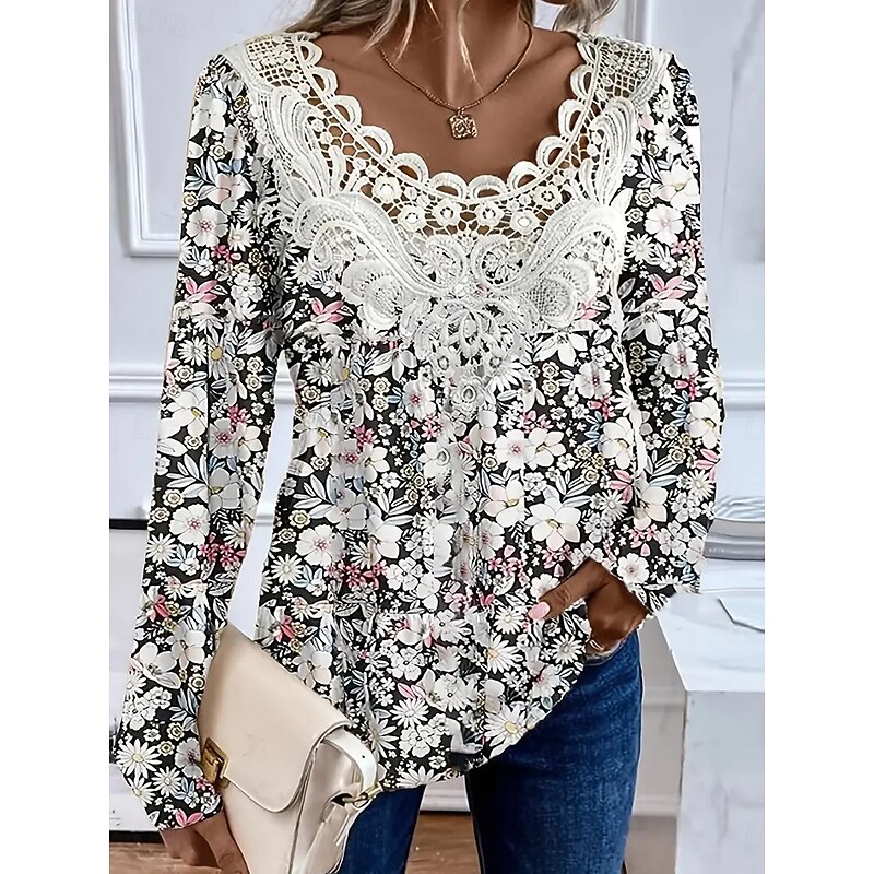 Women's T Shirt Floral Graphic Fashion Stylish Casual Long Sleeve Crew Neck Regular Tops Daily Lace Eyelet Red Gray Spring Fall3