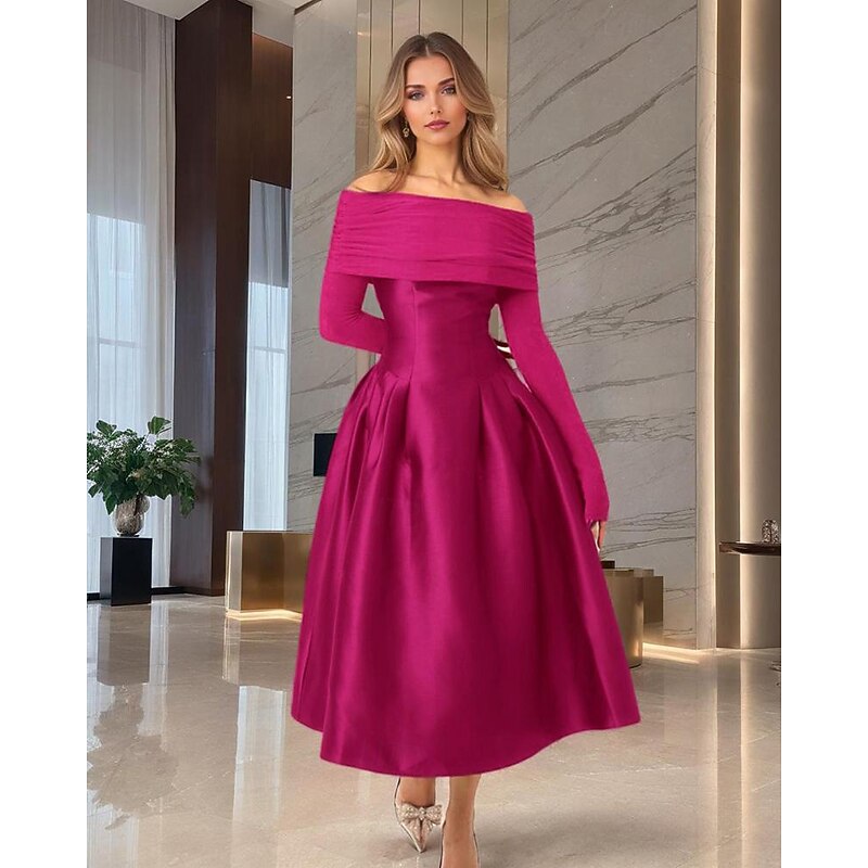 A-Line Cocktail Dresses Elegant Dress Formal Wedding Tea Length Midi Length Long Sleeve Off Shoulder Jersey with Satin Pleats 20254