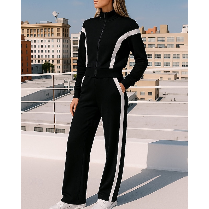 Women's Sweatpants Zip Up Tracksuit Sportswear with Pocket Stripes Clothing Suit Fall Black White Outdoor Travel Sports High Waist Fashion Long Sleeve Sport Activewear Micro-elastic Regular Fit