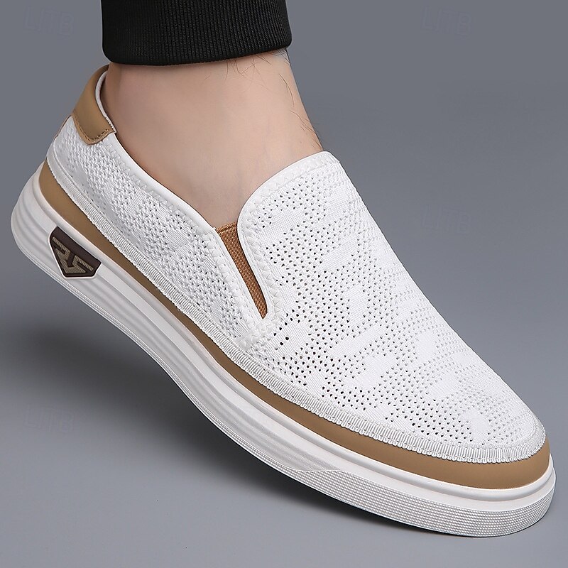 Men's White Flyknit Slip-On Sneakers – Breathable Lightweight Casual Shoes for Summer Walking, Travel and Daily Streetwear3