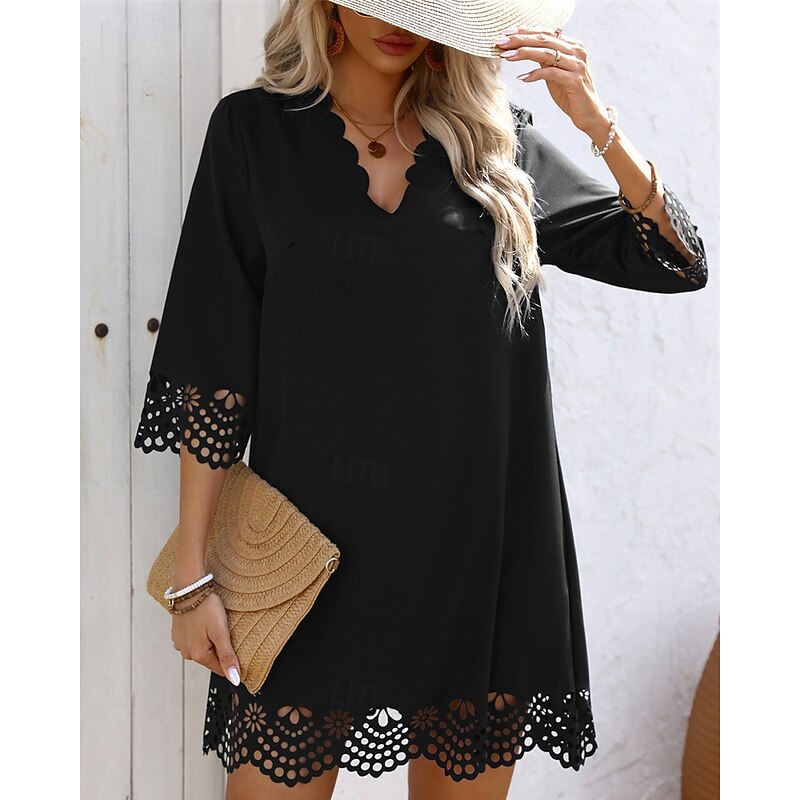Women's Midi Dress Lace Dress Fashion Classic Modern Outdoor Vacation Holiday Regular Fit Plain 3/4 Length Sleeve V Neck Black Red Blue Summer2