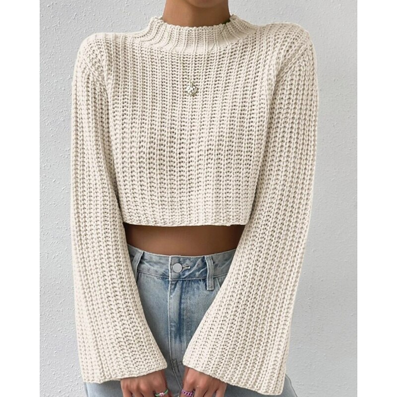 Women's Sweater Casual Solid Color Crochet Crew Neck Knitted Long Sleeve Regular Tops Knit Daily Holiday Going out Camel Green Winter - Main Image