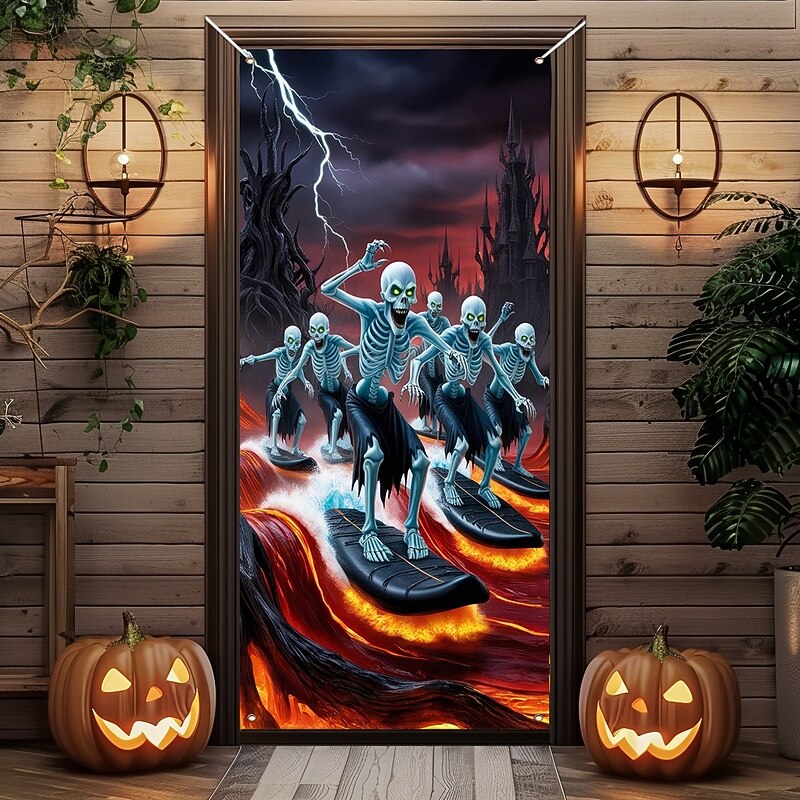 Halloween Door Cover Outdoor Banners Skeleton Pumpkin Psychedelic Dark Punk Gothic Style Party Outdoor Shooting Backgrounds Front Door Wall Porch Home Decor4