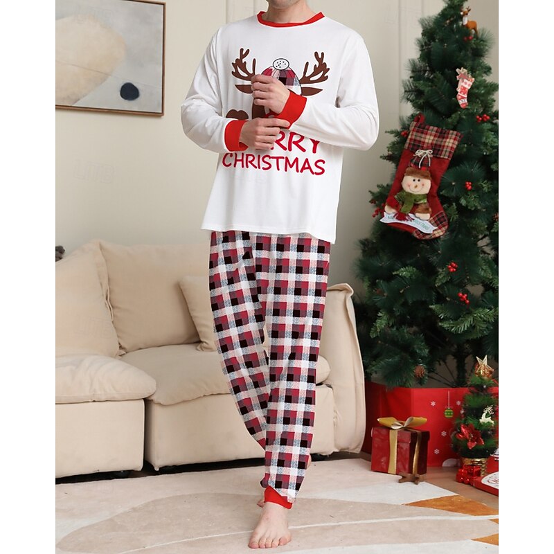 Family Pajamas Plaid Christmas Pattern Home Print White Long Sleeve Active Matching Outfits4