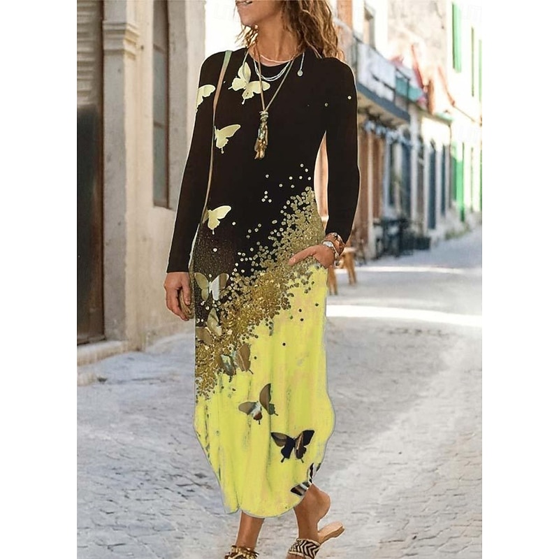 Women's Midi Dress Sheath Dress T Shirt Dress Tee Dress Vacation Casual Daily Regular Fit Floral Graphic Long Sleeve Crew Neck Yellow Pink Blue Gray Spring Fall Winter Autumn