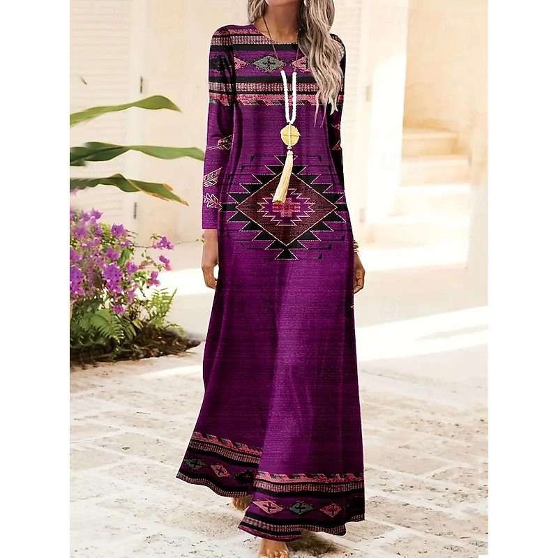 Women's Maxi Dress Shift Dress A Line Dress Party Casual Boho Daily Date Going out Regular Fit Tie Dye Tribal Long Sleeve Crew Neck Red Blue Purple Green Spring Fall Winter Autumn4