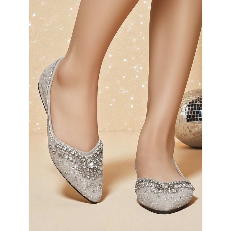 Women's Silver Glitter Pointed Toe Flats with Crystal Embellishments - Elegant Wedding Party Shoes3