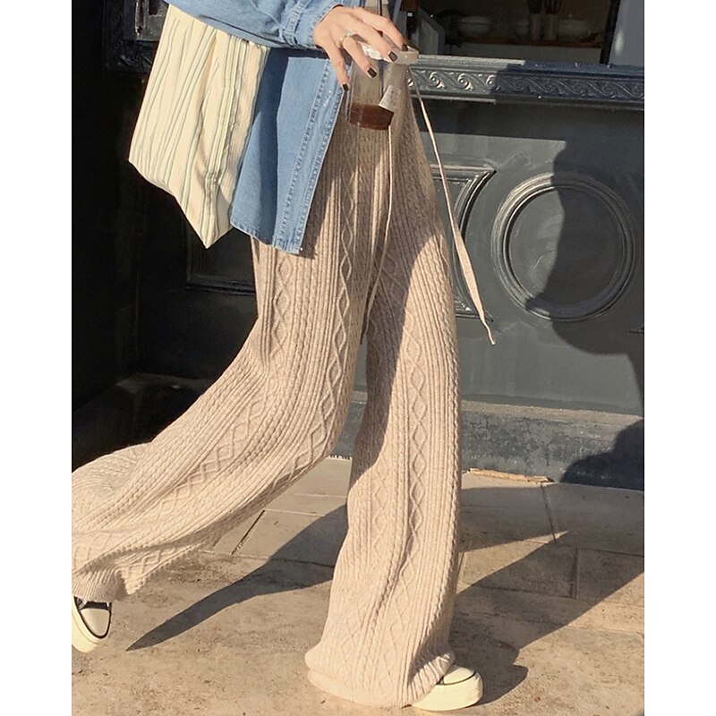 Women's Wide Leg Corduroy Pants Slacks Streetwear Casual Full Length Natural Plain Knitted Elastic Drawstring Design Soft Street Holiday Daily Wear Camel Apricot Grey Black Fall Regular Fit3