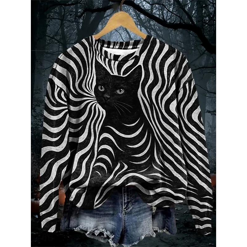 Halloween Women's Pullover Sweatshirt Black Cat Graphic Skull Cat Fashion Casual Long Sleeve Crew Neck Regular Tops Street Dailywear Casual Print Black Purple Orange Light Grey Fall Winter2
